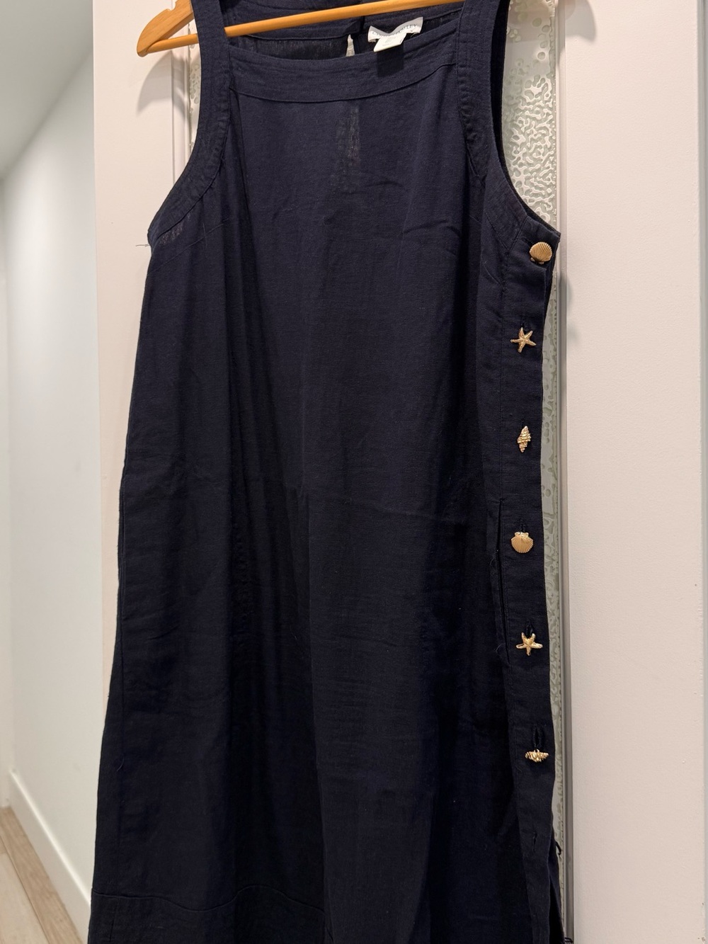 Cynthia Rowley Navy Sleeveless shell 🐚 Button-Side Linen Blend Dress